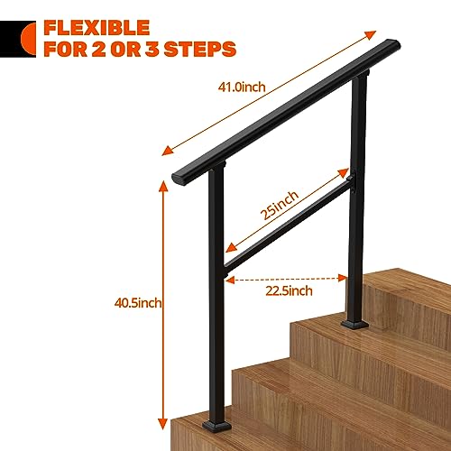 Handrails for Outdoor Steps, 3 Step HandRail Fit 2 or 3 Steps Outdoor Stair Railing, Deck Handrail, Metal Porch Railing, Porch Steps, Metal Handrail Stair Rail with Installation Kit