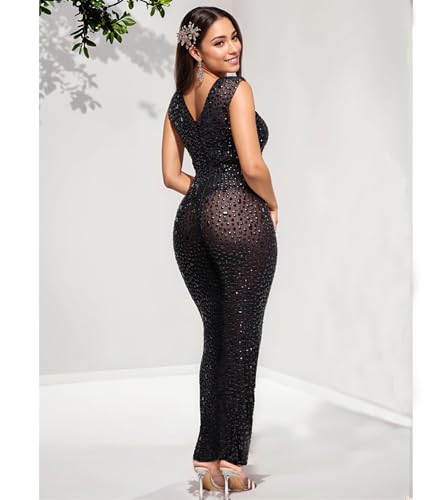 Image of Jigfar Women Sexy Embellished Rhinestone Bodycon Jumpsuit Mesh See Through Patchwork Birthday Party Night Out Clubwear