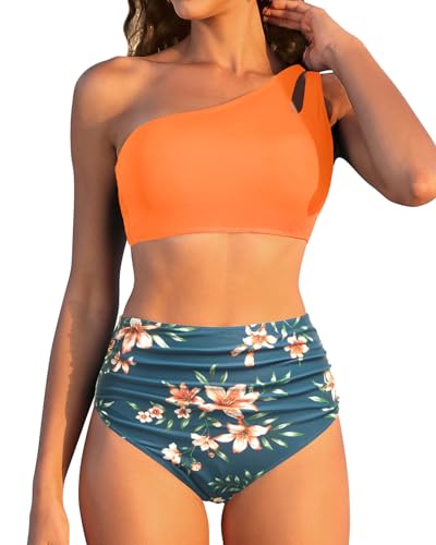 Yonique Women High Waisted Bikini - One Shoulder Bathing Suit Tummy Control Two Piece Swimsuit 2025 Orange Flowers Medium