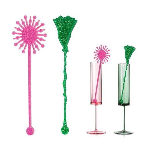 20 Pack Pink and Green Party Cocktail Stirrers, Princess and Witch Party Drink Stirrer, Green Witch Broomstick and Glitter Pink Princess Wand Cocktail Stir Sticks for Themed Parties