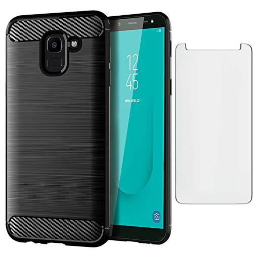 Asuwish Compatible with Samsung Galaxy J6 2018 Case and Tempered Glass Screen Protector Cell Accessories TPU Protective Phone Cover for Gaxaly On6 SM J600 J600G J600F Carbon Fiber Women Men Dark Black