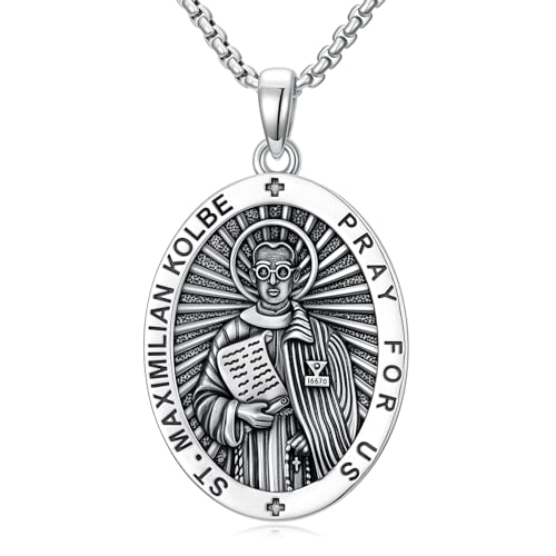 WINNICACA St Maximilian Kolbe Necklace for Men 925 Sterling Silver Saint Saint Maximilian Kolbe Pendant Patron Medal Protection Religious Necklace Jewelry Bithday Fathers Mothers Day Gifts for Men Father Brother Son