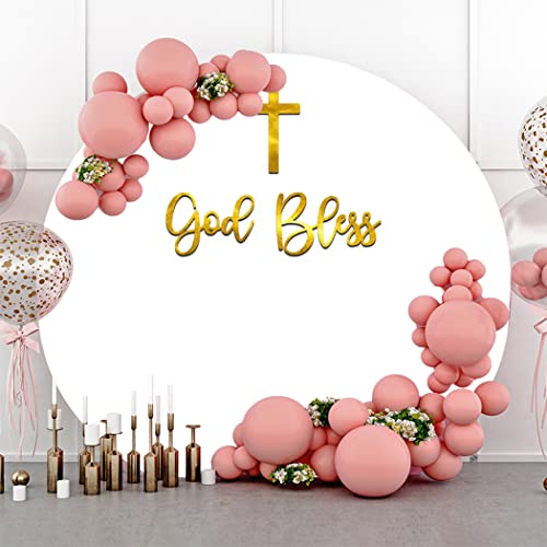OERJU 6.5x6.5ft God Bless Round Backdrop Cover First Holy Communion Baptism Christening White Photography Background Circle Backdrop Cover for Baby Shower Newborn Party Decoration Photo Booth Props by OERJU - Used condition - Image 3