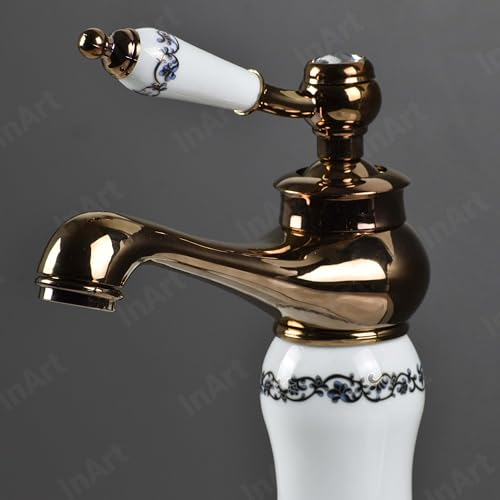 Image of InArt Rose Gold Glossy Finish Basin Pillar Cock Tap Faucet for Wash Basin, Hot & Cold Water Mixer, Single Handle, Waterfall Design, Table Mount /Deck Mount (Rose Gold)