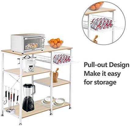 3-Tier Microwave Stand, Kitchen Baker's Rack, Wood Microwave Cart, Utility Oven Storage Cart, Workstation Shelf with Hooks Easy Assembly Coffee Cart (White Oak,2PC)