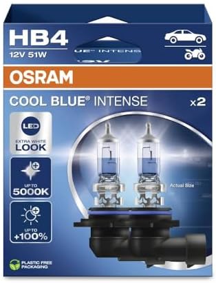 Osram COOL BLUE® INTENSE HB4, +100% more brightness, up to 5,000K, halogen headlight lamp, LED look, Hanging folding box (2 lamps)