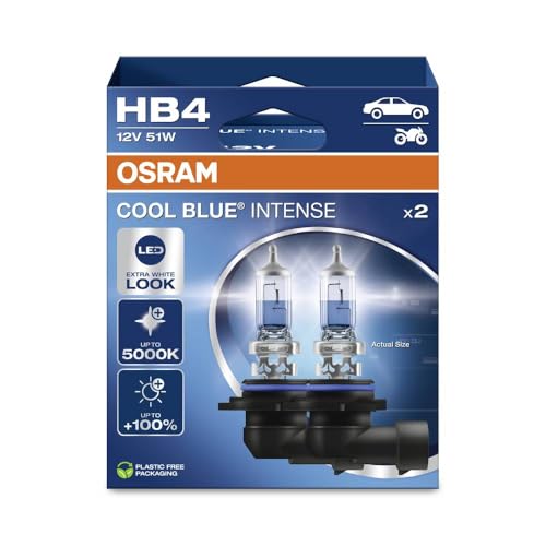 OSRAM COOL BLUE INTENSE HB4, +100% di luminosità in più, fino a 5.000 K, lampada frontale alogena, aspetto LED, scatola pieghevole sospesa (2 lampade)