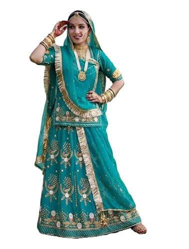 Image of Heavy Embroidery Work Semi Stitched Shimmer Silk Rajputi Poshak For Women Rajasthani Lehenga Choli