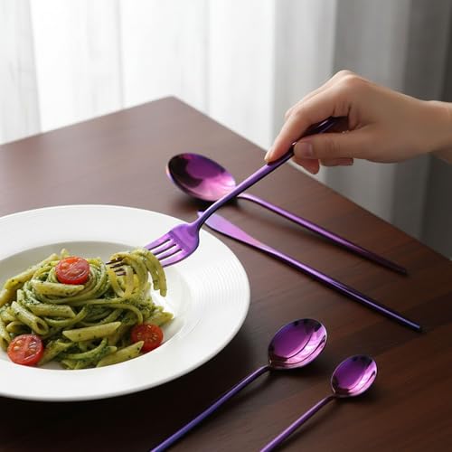 Image of Slim Handle Pink 5 Pcs Stainless Steel Cutlery Set for Dining Table, Dishwasher Safe Glossy Flatware (1 Spoon Set+1 Forks Set+1 Butter Knife+1 Dessert Spoon+ 1 Fruit Fork)