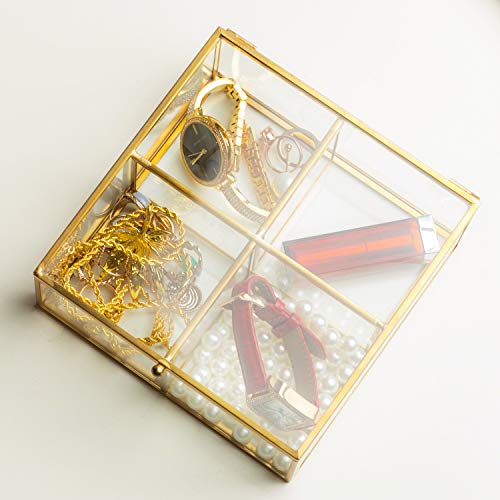 4 Compartment Golden Vintage Glass Lidded Jewelry Box, Large Clear Metal Box For Rings Bracelet Keepsake, Golden Organizer Home Decor With Decorative Lace #TOP4