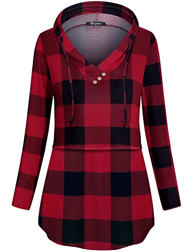 Quinee Tunic Shirt, Women's Maternity Nursing Petite Knits Tunics Plaid Tops Sweatshirts Long Sleeve A Line Winter Breastfeeding Tunic Knitting Sporty Peasant Shirts Red Black L #TOP1