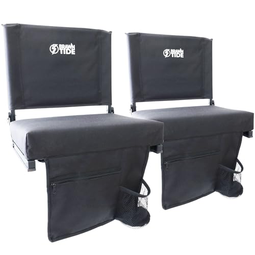 BRAWNTIDE Stadium Seat for Bleachers with Back Support - Wide Padded Bleacher Seat, Portable Folding Stadium Chair with Thick Cushion, Hooks, Shoulder Strap, Storage, Ideal for Games & Sports (Black) by BRAWNTIDE - Used condition - US$78.20