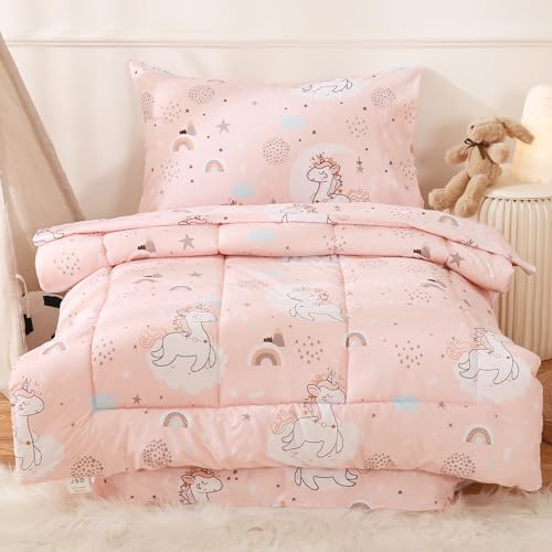 JSD Pink Unicorn 4 Piece Toddler Bedding Set, Girls Printed Microfiber Comforter Set, Includes Flat Sheet, Fitted Sheet, Quilted Comforter and Pillowcase by JSD - Used condition - CA$29.83