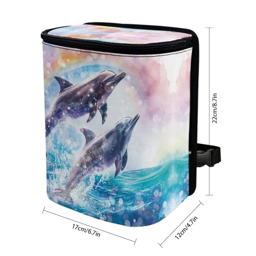Image of Talayituse Dolphin Rainbow Print Car Trash Can, Portable Auto Garbage Bin Multifunctional Vehicle Interior Accessories with Adjustable Straps Universal Fit Truck SUV Sedan