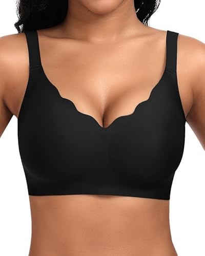 Jiuday BH Damen ohne B&uuml;gel Gro&szlig;e Br&uuml;ste Nahtloser Push Up BH Soft Bequemer Seamless Bra T Shirt B&uuml;gelloser Gepolstert Klassische Bralette (Schwarz,L)