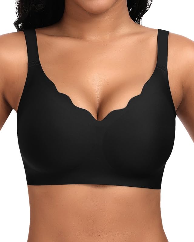 Jiuday BH Damen ohne Bügel Große Brüste Nahtloser Push Up BH Soft Bequemer Seamless Bra T Shirt Bügelloser Gepolstert Klassische Bralette (Schwarz,M)