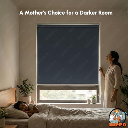 Image of HIPPO No Drill Blackout Blinds for Windows | No Tools, Light & Heat Blocking Blinds, UV Protection, Smooth Chain, Inside Mount, Ideal for Sun Exposed Areas (Navy, 3FTX7FT)