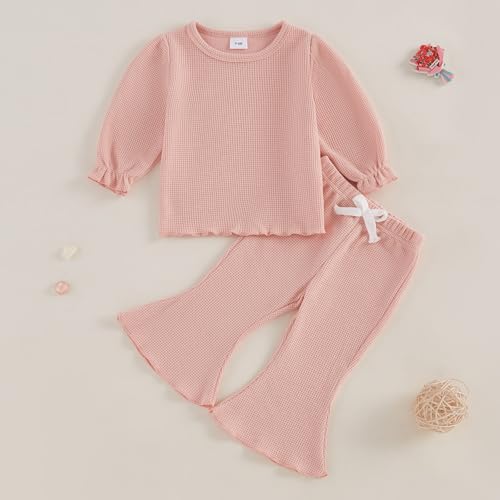 fhutpw Infant Girl Clothes Lantern Sleeve Solid Top and Flared Pants Sets Baby Newborn 6 12 18 Months 2T Fall Winter Outfits2