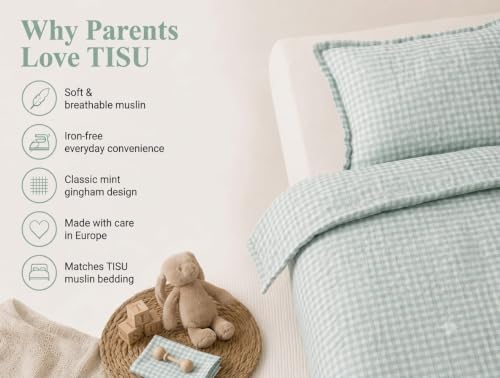 Image of TISU Toddler Crib Duvet Cover Sized 47 x 59 inch Gingham Patterned Soft Muslin Double Gauze Bedding Boy Girl Nursery Kids Sheet Bedsheets (Mint Gingham /Toddler)