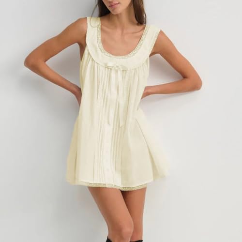 Image of Women Y2K Babydoll Mini Dress Cute Bow Lace Trim Pleated Ruffle Short Sundress Casual Party Vacation One Pieces