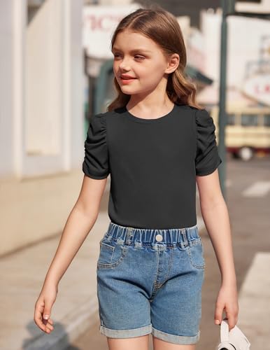 Arshiner Girls Puff Short Sleeve Shirts Summer Ribbed Knit Crewneck T Shirt Tops Tee Blouse2