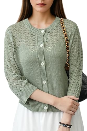 Image of Women's Lightweight Crochet Cardigan Sweater Open Front Knit Lace-Up Cover Up Casual Spring Fall Chic Outerwear Tops 23 Green M