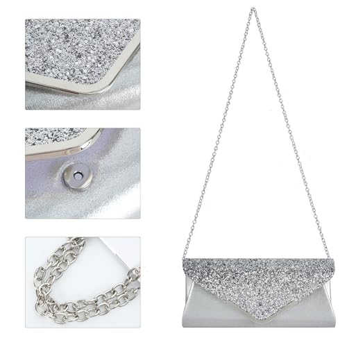 Image of Queena Womens Shiny Glitter Evening Clutch Envelope Handbag Chain Purse for Wedding Party Prom Gift for Mom Wife Girlfriend