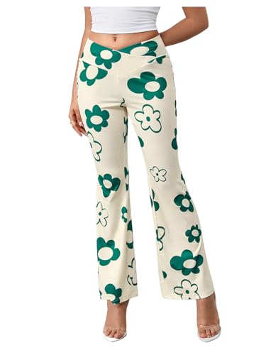 WDIRARA Women's Floral Print Flare Pants Crossover Elastic Waist Bell Bottom Trousers