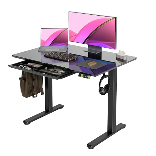 Image of INNOVAR Glass Standing Desk with Drawers 40x24 Inch Black