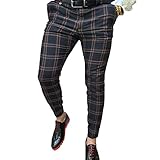 Men's Business Pants Skinny Fit Plaid Flat-Front Stretch Slim Stylish Casual Golf Dress Pants