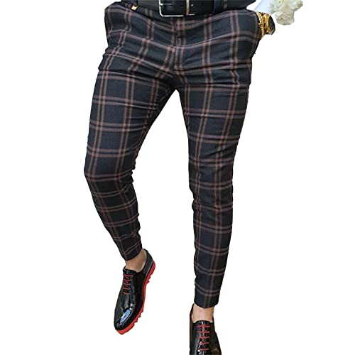 Men's Business Pants Skinny Fit Plaid Flat-Front Stretch Slim Stylish Casual Golf Dress Pants #TOP14