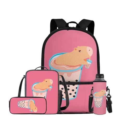 Cute Capybara Backpacks for Girls Kawaii Backpack with Water Cup Cover and Lunch Box 4pcs Printed School Backpack for Teen Girls 16-17 Multifunction Travel Daypack for Shopping