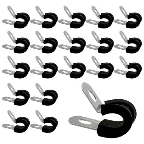 KLINNA Lot de 20 colliers de serrage de 6 mm en acier inoxydable 304, colliers de serrage en P et colliers de serrage avec insert en caoutchouc, colliers de...