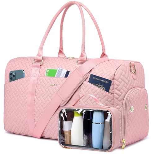 Image of Women Weekender Travel Duffle Bag: Travel Duffel Overnight Bags with Shoe Compartment Large Carry on Tote with Toiletry Bag Weekend Traveling Yoga Gym Hospital Bag for Women with Wet Pocket Pink
