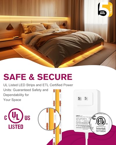 Image of EMITEVER COB LED Strip Lights Kit Warm White with Remote & 24V Power Supply,16.4ft Dimmable Tape Light 2700K, High Density 2400LEDs, 300+LM /FT, CRI90+, Suitable for Bedroom Kitchen Cabinet Lighting