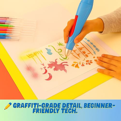 Image of GRAPHENE Spray Art Graffiti Pen Drawing Electric Airbrush Sprayer Marker Set 12 Colours Electric Cordless Rechargeable Airbrush Blow Pen Washable Watercolor Spray Paint Stencils for Kid Gift