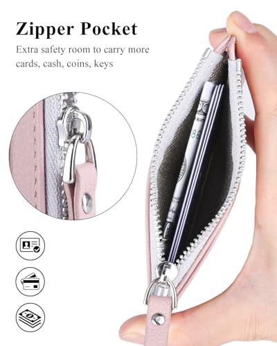 Image of Teskyer Slim RFID Wallet for Women, Small Card Holder with Zip Pocket, Dark Pink, 3.5 inch x 4.7 inch, Minimalist | Zip Pocket for Cash Coin, 1 ID Window & 7 Card Slots, Ultra Slim Design, D-Ring for Neck Lanyard, for Daily Carry and Travel
