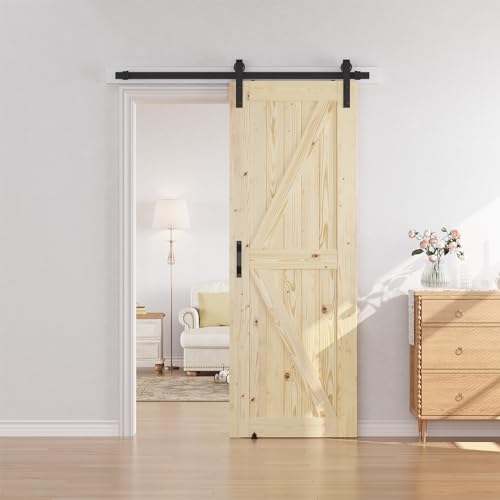 Image of SMARTSTANDARD 30in x 84in Sliding Barn Door with 5ft Barn Door Hardware Kit & Handle, Pre-Drilled Ready to Assemble, DIY Unfinished Solid Spruce Wood Panelled Slab, K-Frame, Natural