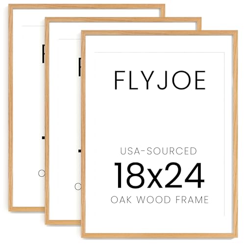 Image of FLYJOE 18x24 Oak Wood Picture Frame with Mat for 16x20, 18 by 24 USA-Sourced Natural Solid Wooden Poster Frame for Wall Display, Tempered Real Glass, Hanging Hardware Included, 3 Pack, Natural