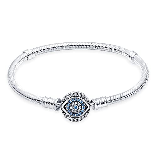 KUNSIR 925 Sterling Silver Snake Chain Bracelet Blue Evil Eyes with 5A Cubic Zirconia Bracelets for Women Teen
