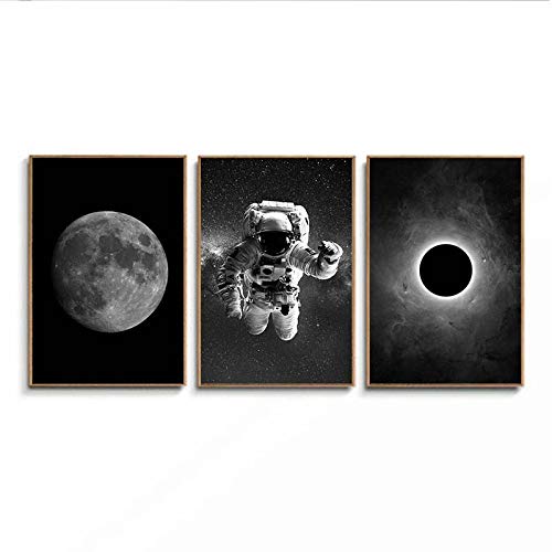 Toile Espace et Terre Noire et Blanche 50x70 cm Trio d'Affiches Planète pour Salon