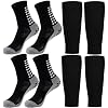 KMOLY 1 Set Kids Grip Soccer Socks and Shin Guard Sleeves for Age 7-14 Youth Boys Children Football Basketball Training