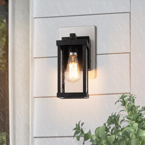 Image of mirrea 11 inch Classic Outdoor Wall Sconce with Built-in GFCI Outlet 1 Light in Matte Black Rectangular Metal Frame and Clear Glass Shade Waterproof Porch Light Patio Light (Pack of 2)