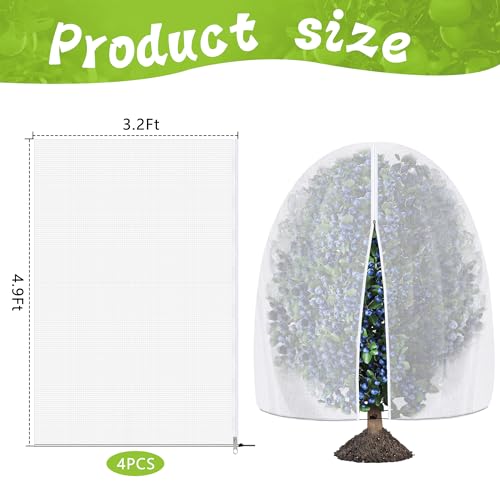 4 Pcs Fruit Tree Netting with Zipper & Drawstring, 4.9 x 3.2 Ft Garden Bird Netting Plant Cover, Blueberry Tomato Insect Bird Barrier Tree Net Protection Cover for Protecting Plants Vegetables Fruits