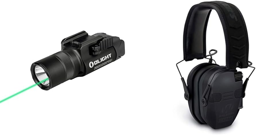 OLIGHT Baldr Pro R 1350 Lumens Flashlight and Walker's Razor Quad Electronic Muff Bundle with Green Beam Tactical Flashlight, Bluetooth Earmuffs, and Batteries