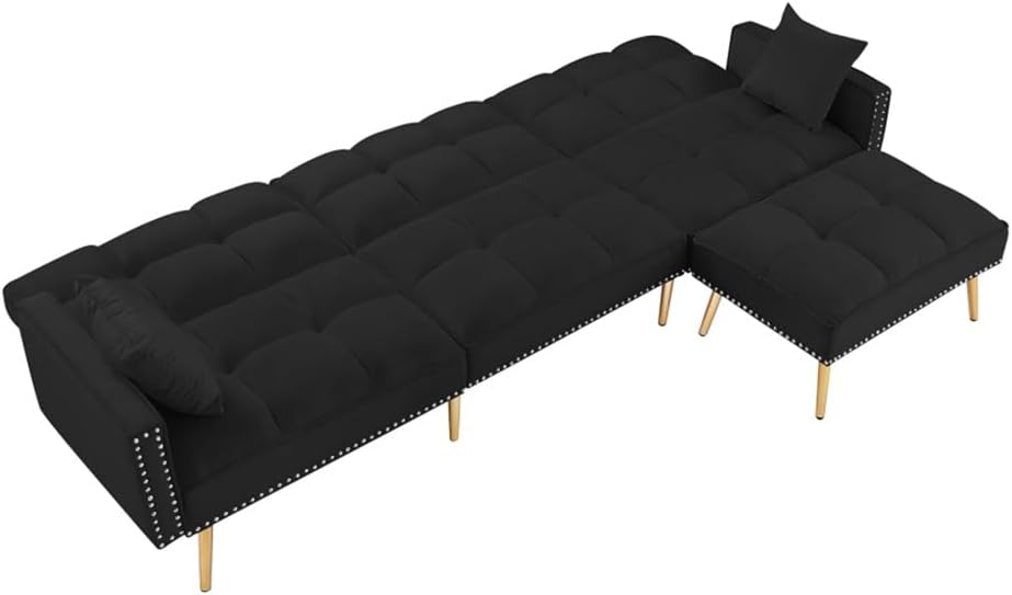 Black Living Room Sofa Velvet Upholstered Reversible Modular Bed L-Shaped with Metal Legs
