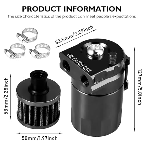 Ölauffangbehälter mit Luftfilter, 300ml Oil Catch Can, Aluminium Ölauffangbehälter, Oil Catch Tank, Auto Reservoir with Accessories, 3/8 Fuel Line Included(Schwarz)