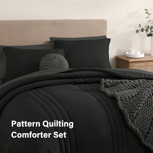 Image of Oversized King Size Comforter Set-7 Pieces Bed in a Bag King Bedding Sets | Monbix All-Season Vertical Quilted Comforter with Sheets, Pillow Shams & Pillowcases, Black