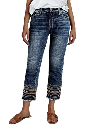 Women's Mid Waist Boyfriend Jeans Medium High Stretch Light Blue Leg Cuffs Multicolor Stripe Embroidery Seven Points Jeans