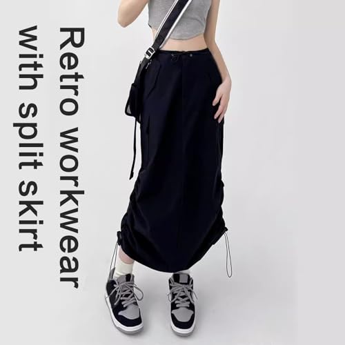 Women High Waist A Line Cargo Long Skirt with Flap Pockets Ruched Drawstring Back Split Long Skirts Streetwear Dark Gray3